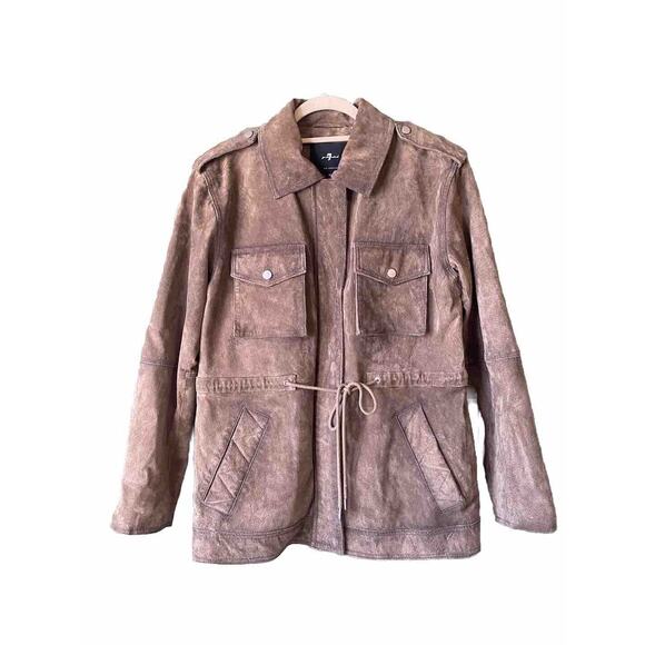 7 For All Mankind Jacket Womens Medium Genuine Leather Suede Utility Khaki Green - Picture 1 of 11
